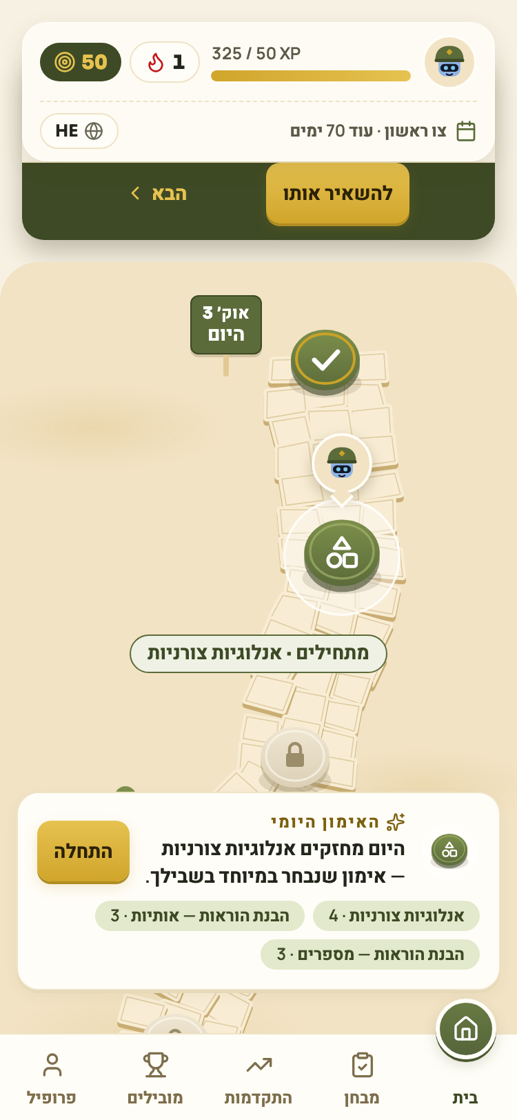 מסך הבית של האפליקציה: מסלול האימון היומי