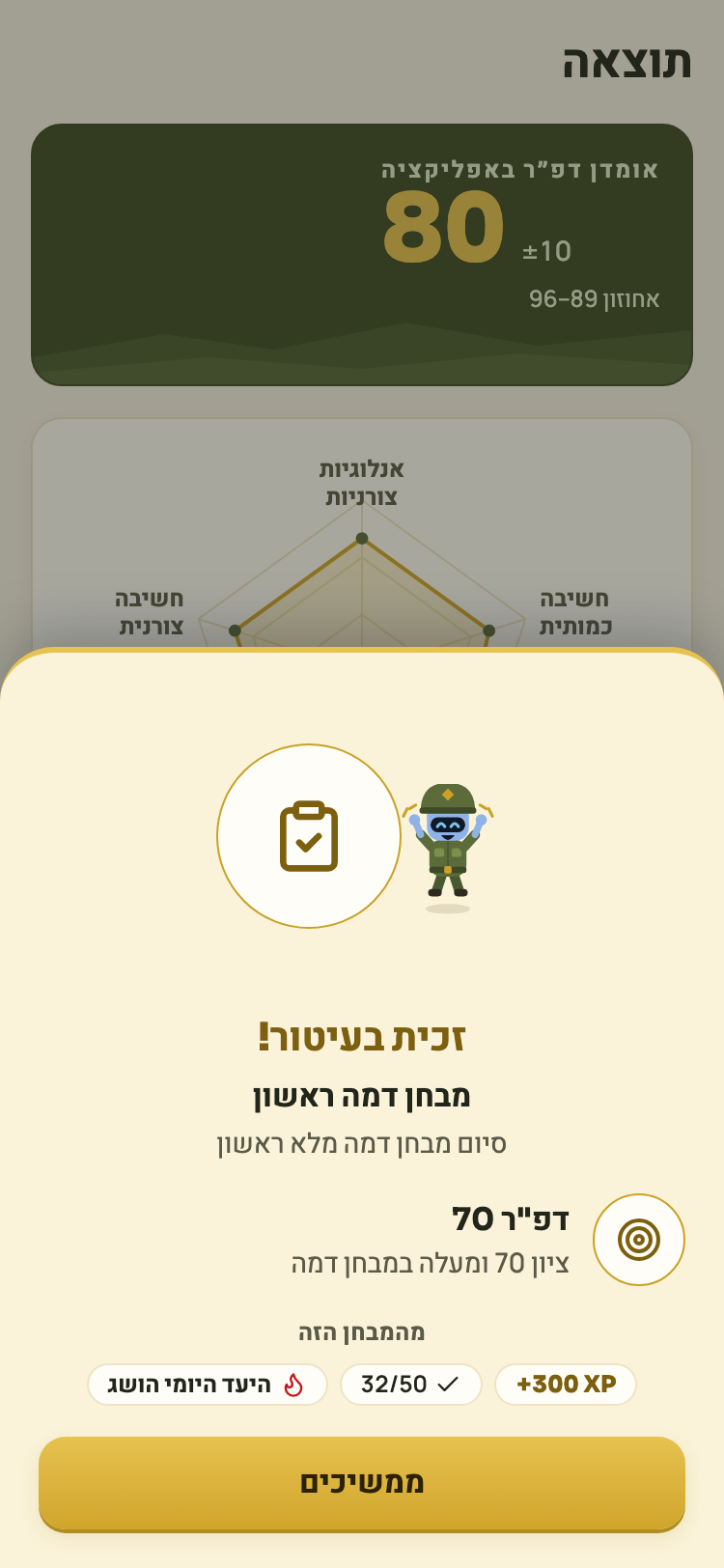 מסך תוצאת הסימולציה עם הערכת הציון 10–90